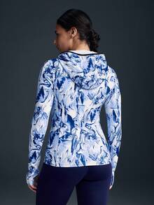 Powerista Women's Casual Full Print Zip-Up Hooded Sports Jacket, Autumn - Blue and White - View 2