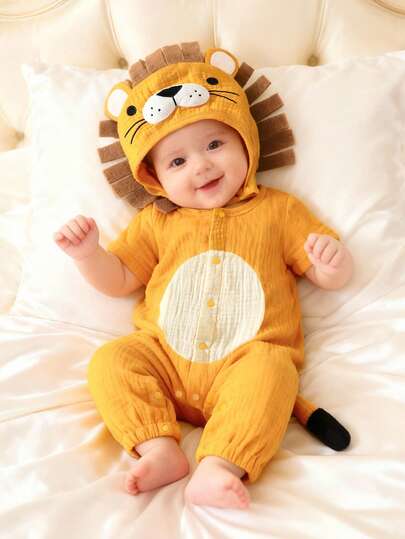 新生儿狮子造型套装，短袖连体衣配裤子和配套帽子