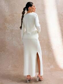 EURMUSE 2 Pieces Fine Knit Set With Deep V-Neck Cardigan And High Waist Midi Skirt For Minimal Chic Style - White - View 2
