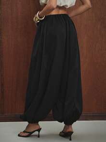 Hauture Women's Solid Color Pleated Casual Versatile Wide Leg Harem Pants - Black - View 4