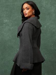 Vixey Áo khoác cardigan tay dài cổ shawl rộng, vạt peplum, dệt gân. - Màu xám đen - Xem 2