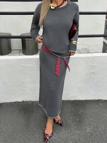 DAZY Women's Casual Colorblock Sweater And Skirt 2 Pieces Set, Autumn/Winter - Dark Grey - View 6
