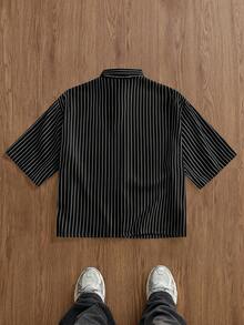Manfinity BRENVOR Men's Woven Short Sleeve Vertical Striped Letter Print Fashionable Shirt - Black - View 3