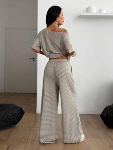 Coolane Women's Brown And White Striped 2pcs Set,Summer Streetwear Lounge Off Shoulder T-Shirt And Wide Leg Sweatpants,Casual Minimalist Basic Daily Wear - Mocha Brown - View 5