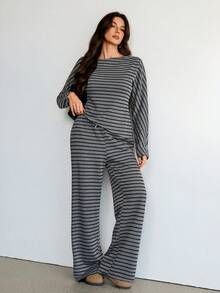 SHEIN Tall 2026 新款极简主义秋季女装条纹不对称肩部上衣和裤子两件套，露肩连体裤，条纹套装，长袖连体裤，适合外出穿搭、街头风和斯德哥尔摩风格，舒适的秋冬两季女装，条纹休闲套装，家居服 - 黑色 - 查看 7