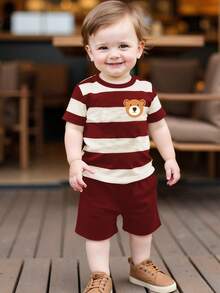 SHEIN Playful Pals 2pcs/Set Baby Boy Cute Bear & Striped Print Round Neck Short Sleeve T-Shirt With Navy Blue Shorts Set, Suitable For Outings In Summer - Multicolor - View 1