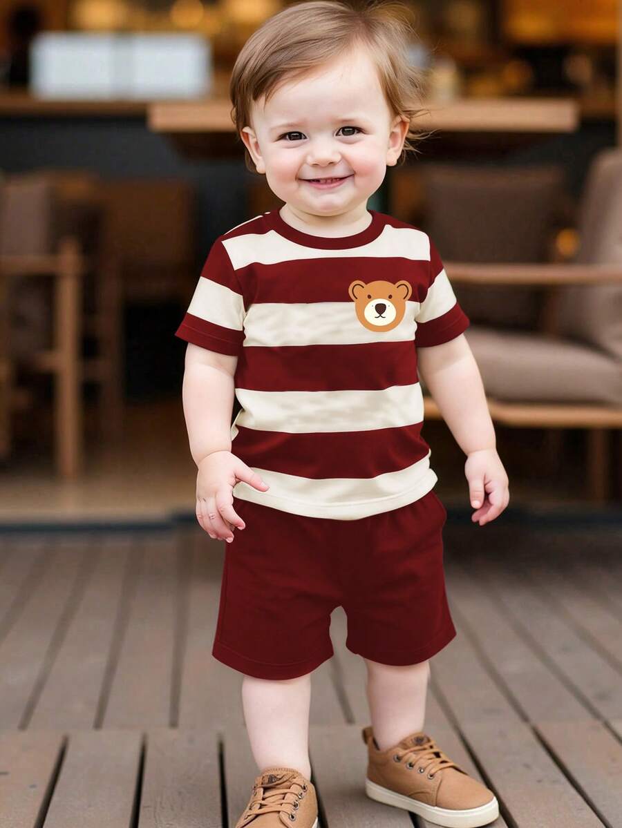 SHEIN Playful Pals 2pcs/Set Baby Boy Cute Bear & Striped Print Round Neck Short Sleeve T-Shirt With Navy Blue Shorts Set, Suitable For Outings In Summer - Multicolor - View 1