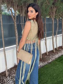 Maca Silvats 钩针斜领无袖超大流苏上衣 Ibiza 适合假期性感海滩浪漫优雅场合生日波西米亚拉菲草 - 橄欖綠 - 查看 4