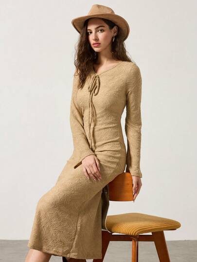 MYSTAURA Women's Khaki Textured Fabric Long Sleeve V-Neck Tie Front Fitted Dress