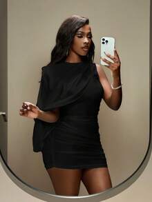 Slaydiva Váy ôm sát cơ thể mini xếp nếp thanh lịch thời trang dành cho nữ, thích hợp dự tiệc - màu đen - Xem 5