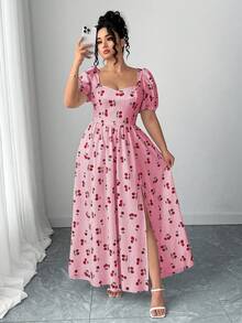 Elenzga 情人节加大码女式樱桃印花泡泡袖露背开衩连衣裙 - 粉色 - 查看 4