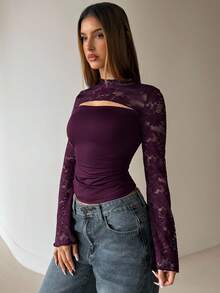 Aloruh Women's Autumn Fashion Contrast Lace Flare Sleeve T-Shirt - Purple - View 5