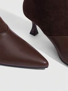 CUCCOO SZL 女式尖头小猫跟黑色绒面革时尚简约通勤百搭及膝靴 - 棕色 - 查看 6