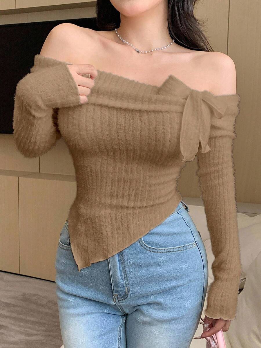 DAZY Tricou femei cu mânecă lungă, cu umeri goi, cu blană, stil casual, sexy, drăguț