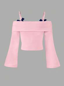 这款专为少女设计的新款长袖吊带露肩蝴蝶结上衣现已上市。它舒适、时尚、优雅、甜美、可爱、活泼、独特，是日常穿搭的必备单品。 - 粉色 - 查看 2