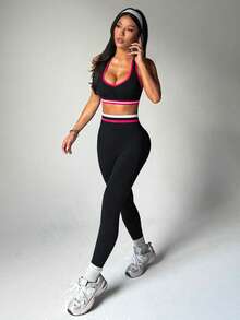 Dewbera 女士撞色滚边露背吊带上衣和紧身裤运动套装 - 黑色 - 查看 1