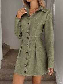 Easowa Đầm ngắn tay dài dáng rộng phong cách cổ điển dành cho nữ, cài nút phía trước - màu xanh lá - Xem 6