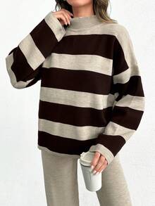 EURMUSE Striped Pattern Drop Shoulder Sweater & Knit Pants, Tall Women - Multicolor - View 6