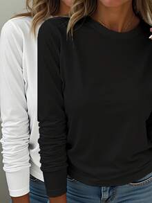 EMERY ROSE 女士两件套休闲圆领纯色长袖T恤，适合日常穿着 - 彩色 - 查看 1