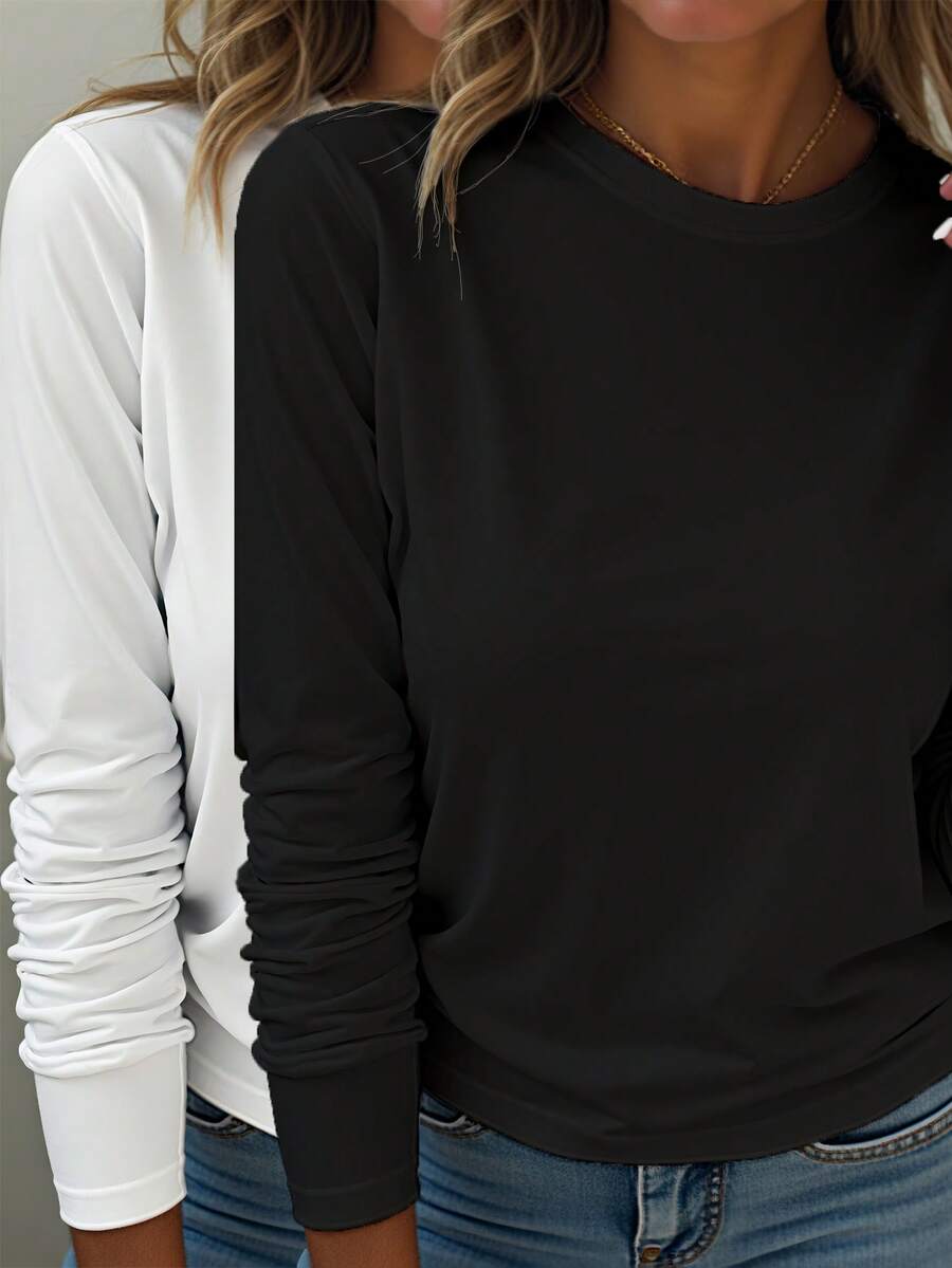 EMERY ROSE 女士两件套休闲圆领纯色长袖T恤，适合日常穿着 - 彩色 - 查看 1