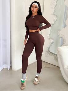 Dewbera Set de 2 piezas de top de manga larga y pantalones pitillo de unicolor, conjunto deportivo sin costuras para mujeres - Café integral - Ver 6