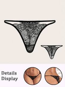 HautHeat Women's Classic Sexy Black Lace Thong Panties Sheer Lingerie With Slight Stretch Fabric For Comfort - Black - View 1