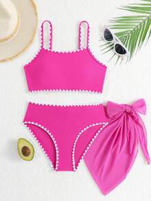SHEIN 女童三件套比基尼套装，纯色针织贝壳刺绣时尚女童泳装 - 粉色 - 查看 3
