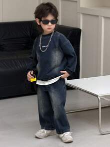 DAZY Young Boy Casual Washed Round Neck Drop Shoulder Denim Top And Pants Set, Autumn