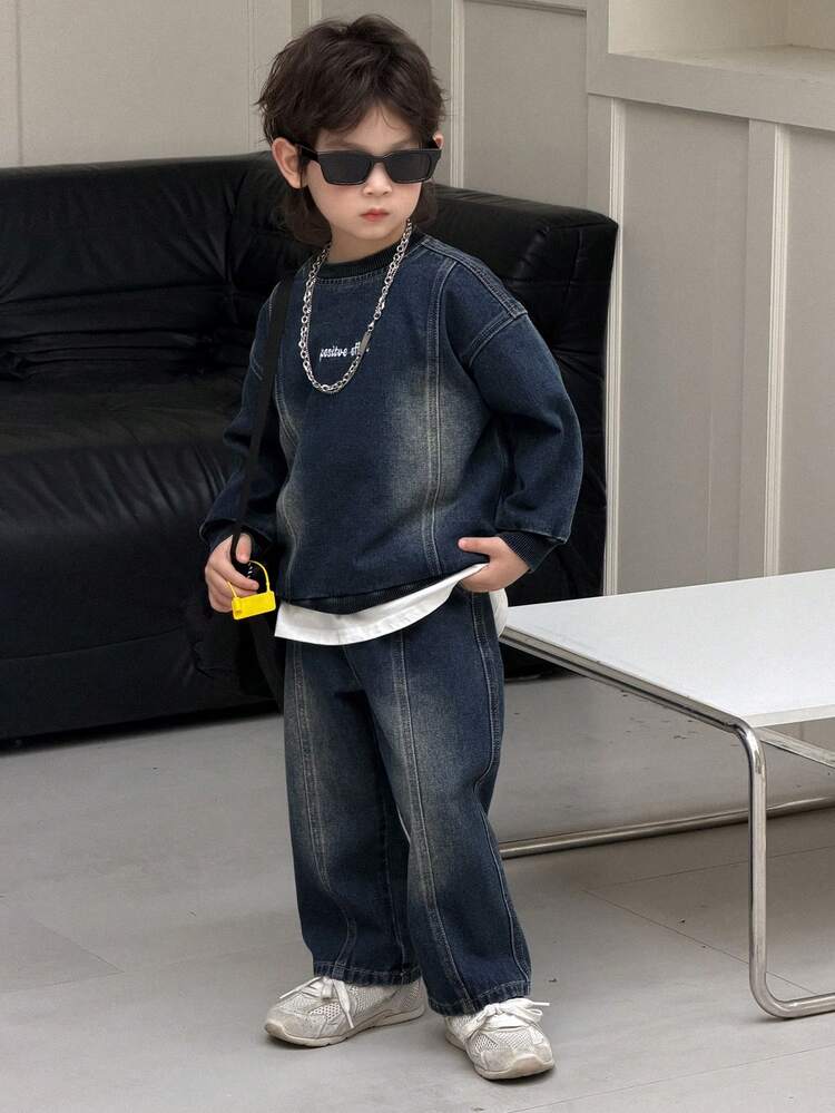 Young Boy Casual Washed Round Neck Drop Shoulder Denim Top And Pants Set, Autumn