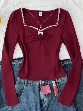 Burgundy Knit Ruched Bust Lace Trim Fitted Long Sleeve Casual T-Shirt Top For Teen Girls