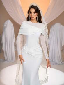 Aureia Elegant Lace Patchwork Mesh Round Neck Long Sleeve Mermaid Wedding Dress - White - View 2