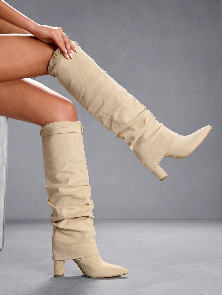 CUCCOO SZL Women's Pointed Toe Metal Decor Fashion Daily Wear Versatile High Heel Knee-High Boots For Christmas Valentine's Day Spring Shoes