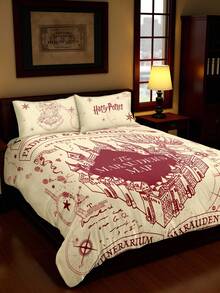 HARRY POTTER X SHEIN 3 Pc The Marauder's Map Print Three Pieces Duvet Cover Set, Made Of Brushed Fabric, Soft And Warm, Red Duvet Cover, Available In Multiple Sizes, Suitable For Single Beds/Double Beds/King Beds/Extra King Beds, Back To School - Off-white - View 3