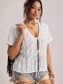 SHEIN VCAY 大码女式V领条纹针织背心，春夏女装，波西米亚风复古金丝绒风，适合锐舞音乐节和春假穿着 - 白色 - 查看 8