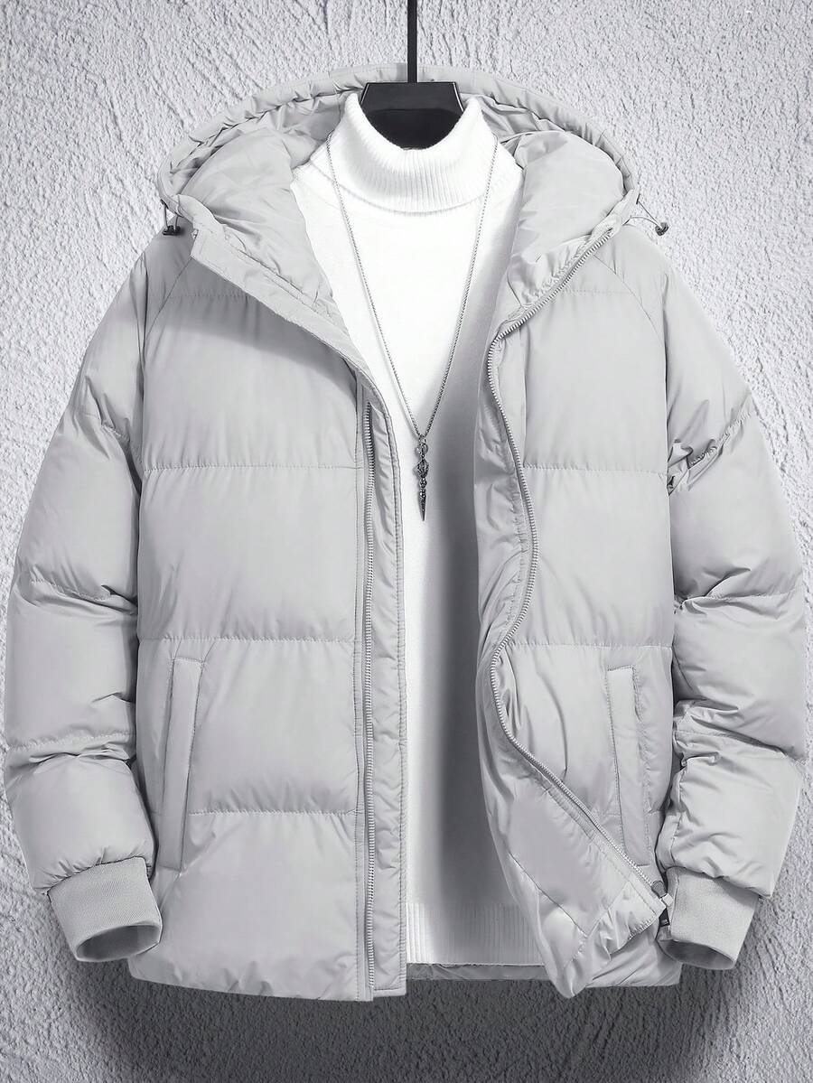 Manfinity Homme 宽松男士抽绳连帽拉链羽绒服（不含内衬） - 淺灰色 - 查看 1