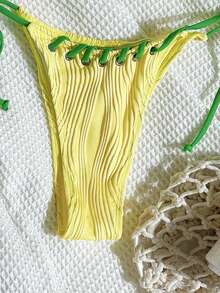 Swim Mod Bộ đồ bơi bikini xẻ tà thắt nút màu tương phản - Màu vàng - Xem 4