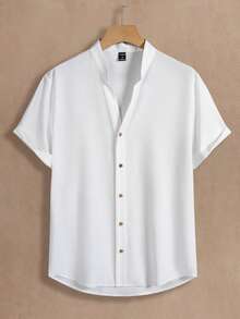 HIMLAND Men's Casual Solid Color Basic Button-Down Short Sleeve Shirt Men's Vacation Casual Style, INS Matched With A Knitted  Geometric Striped Crochet Textured Jacquard Loose Short-Sleeve Shirt. Featuring A Button Placket, This Shirt Embodies French Elegance And Romance, Making It Perfect For Hawaiian Beach Vacations, As Well As Music Festivals And Everyday Wear. It Also Serves As An Ideal Gift For Boyfriends Or Husbands. Men's Striped Short Sleeve Single-Breasted Casual Commuter Shirt, Cool Shirts For Men, Nice Shirts For Men, Men's Fashion Shirts - White - View 3