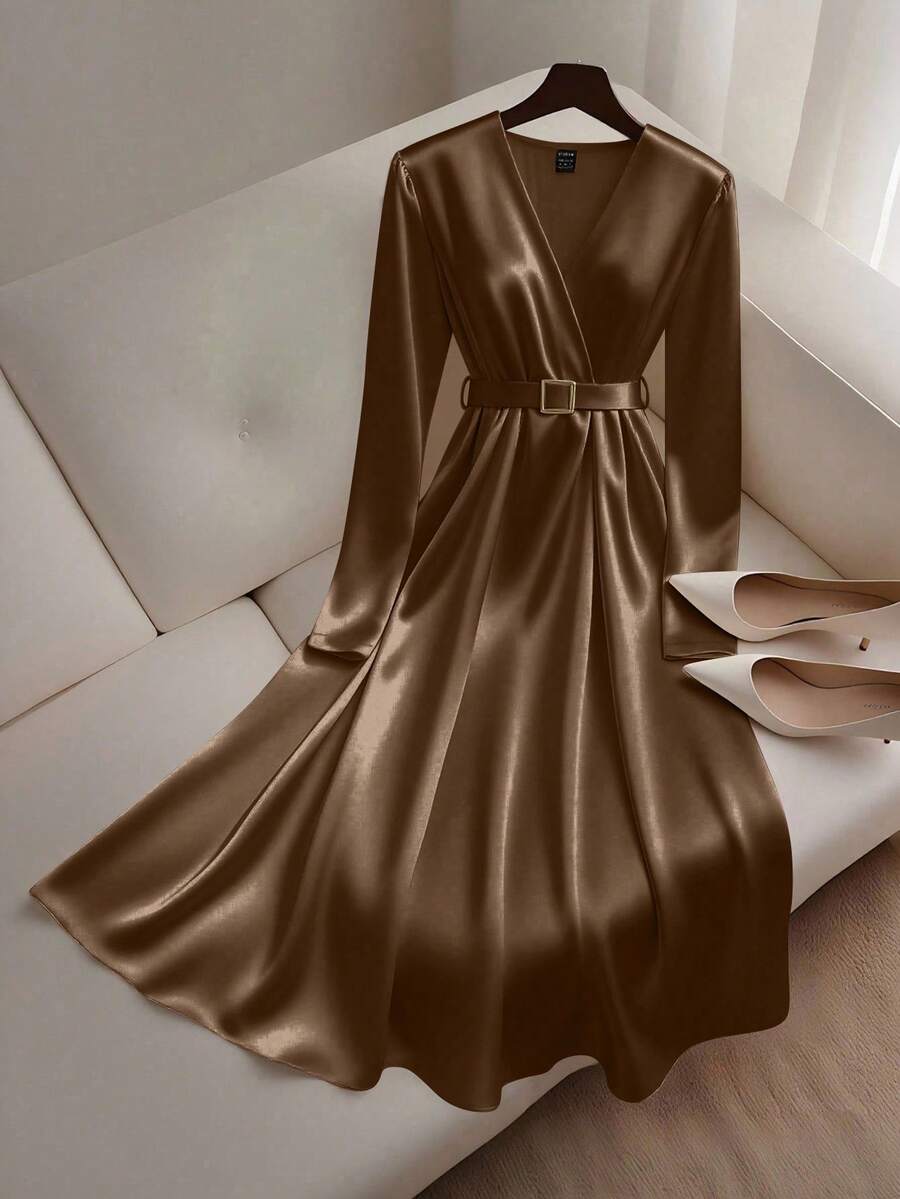 Lyxana Satin + Belt Decor Long Sleeve Midi Dress - Coffee - View 1