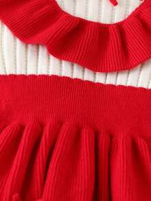 SHEIN Young Girls Ruffled Collar Bow Knitted Sweater Dress, Soft Thick Fabric, Suitable For Home, Outings, Parties, Autumn/Winter - Red - View 5