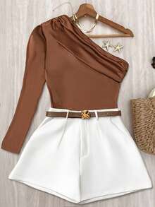 INAWLY Plus Size Solid Color Oblique Shoulder Top And Shorts 2 Pieces Set Fall Cloth For Women - Brown - View 1
