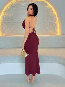 Shopreo Women's Sexy Metallic Decor Backless Halter Dress Summer Summer Outfits Summer Clothes Beach Outfits For Woman  Beach Vacation Vacation Outfits Woman Boho  Tropical Vacation Woman Clothe Concert Outfit Women Rave Outfits Festival Country Concert Outfit Ibiza Outfits Nashville Outfits Western Wear Women Western Boho Streetwear Tropical Gyaru  Backless,Summer Dresses For Women - Burgundy - View 2
