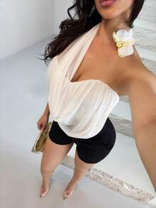 Shopreo 不对称透明网眼仿花装饰女式衬衫 - 白色 - 查看 6