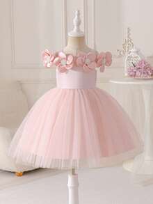 Glamorique Kids Abito senza maniche per bambine con decorazione floreale 3D in perline, tessuto in chiffon e raso a spalle scoperte, abito elegante di alta qualità per uso quotidiano, vacanze, matrimoni, feste di compleanno, esibizioni, principessa - Rosa - Visualizzare 1