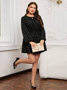 Miaspire Vestido de manga larga con estampado total y detalle de nudo delantero para tallas grandes - Negro - Ver 5