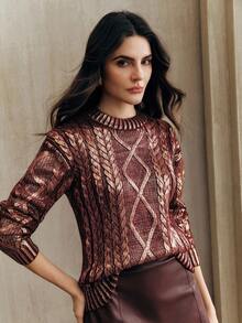 Anewsta Burgunderroter metallisch folierter strukturierter locker gestrickter Rundhals-Pullover für Frauen, eleganter Vintage-Pullover für Party, Club, Herbst, Winter, Frühling, Neujahr - Rot - Übersicht 3