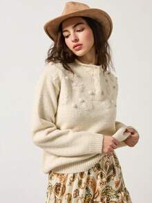 MYSTAURA Fashionable 3D Floral Loose Casual Stand Collar Knit Sweater - Beige - View 2