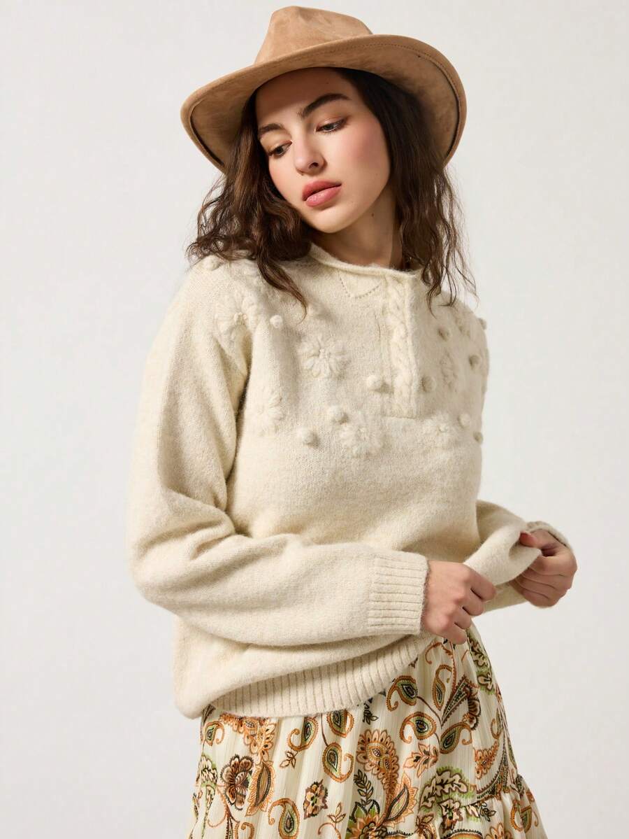 MYSTAURA Fashionable 3D Floral Loose Casual Stand Collar Knit Sweater - Beige - View 1