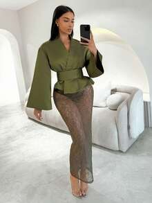 Shopreo Women's Elegant Commute Solid Color Wrap Flared Sleeve Blouse - Green - View 3
