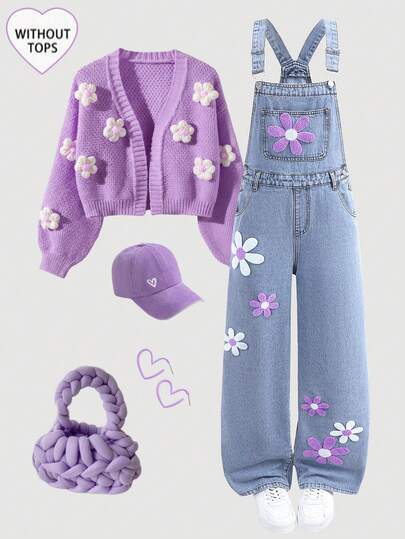 SHEIN Girlism Teen Girls Fashion Casual Y2k Vintage Cool Street Returns To School College Simple And Comfortable Colorful Flower Towel Embroidery Pattern Design Blue Loose Overalls Jeans For Teen Girl Clothes Teen Girls Dailywear And Teen Girl Winter And Fall Rave Outfits Festival And Outfits Streetwear Clothes