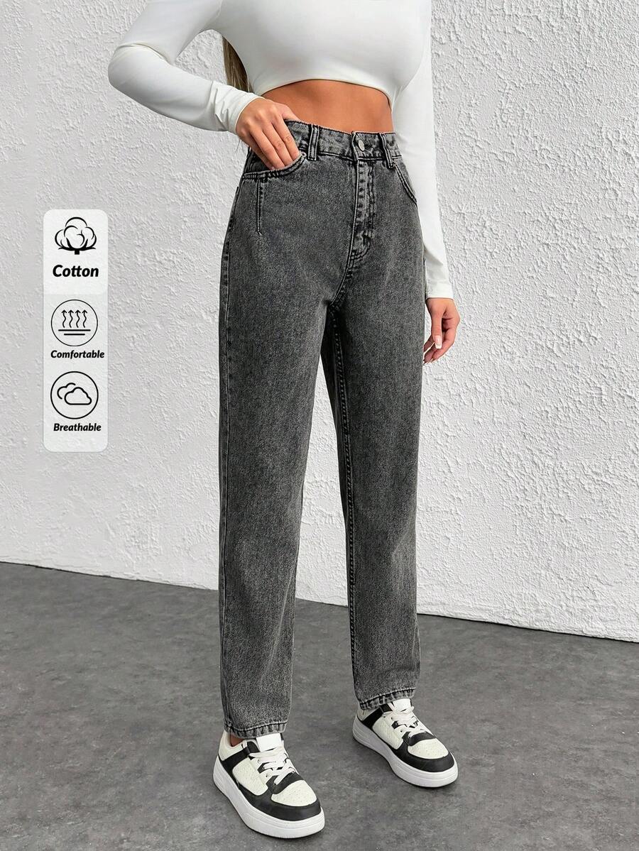 EURMUSE 100%Cotton Snow Washed Cropped Mom Fit Jeans - Grey - View 1